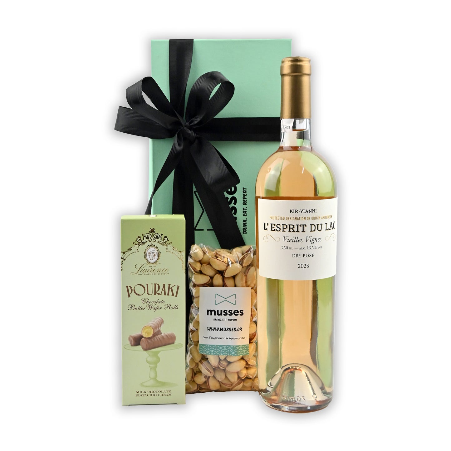 BASKET WITH 3 PARAGKA KYR YIANNI WINES, CHOCOLATES &amp; DRIED NUTS