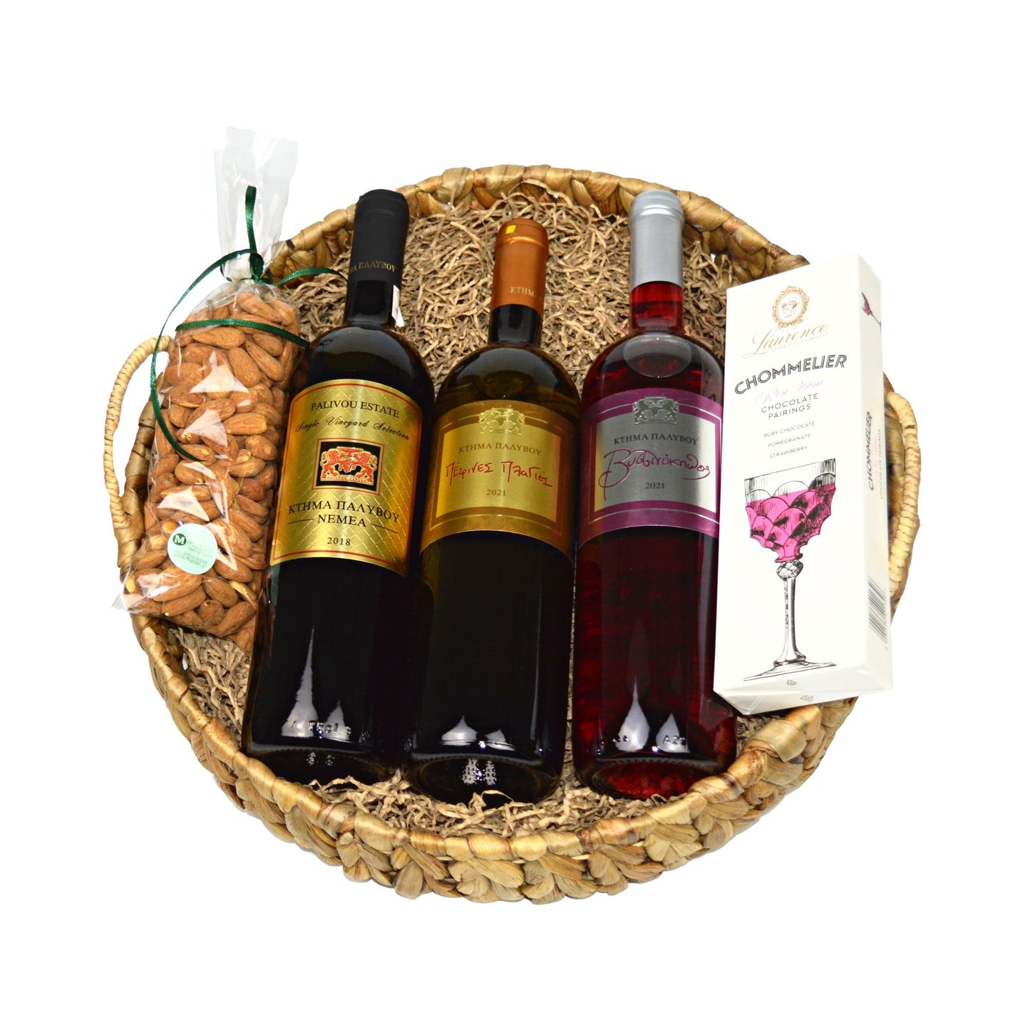 BASKET WITH 3 WINE ESTATE PALYVO, CHOCOLATE &amp; DRIED FRUITS