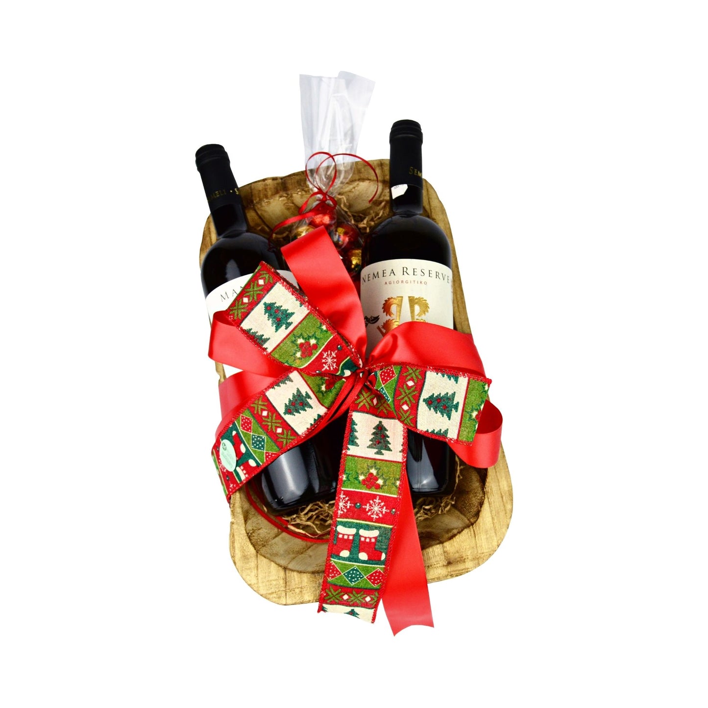 WOODEN PLATE WITH 2 SEMELI WINES &amp; CHRISTMAS CHOCOLATES