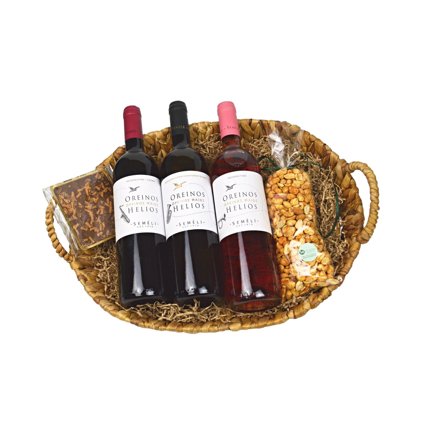 BASKET WITH 3 SEMELI WINES DRIED FRUITS &amp; CHOCOLATE